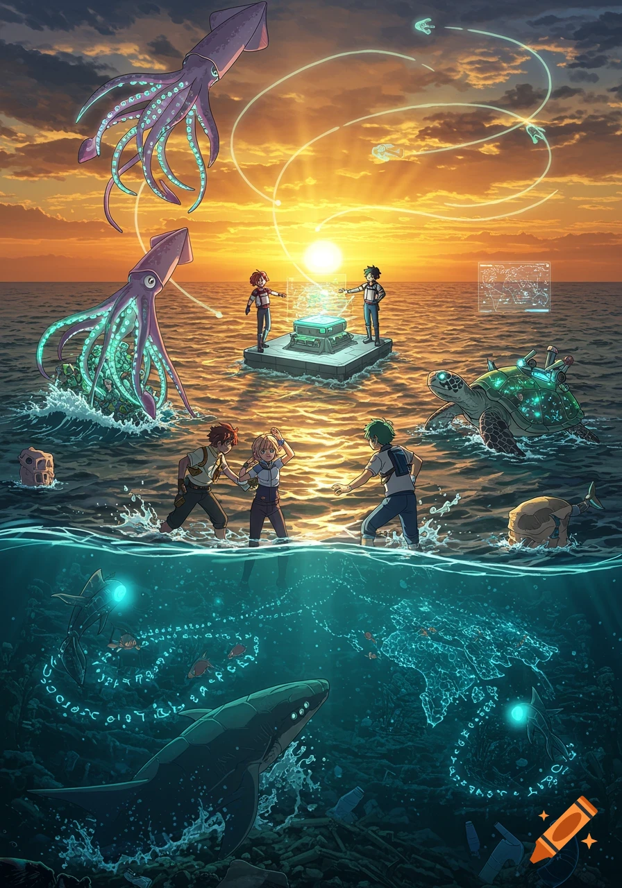 Anime scene of people and bio-engineered sea creatures cleaning ocean plastic at sunset with glowing tech, underwater shark and squid.