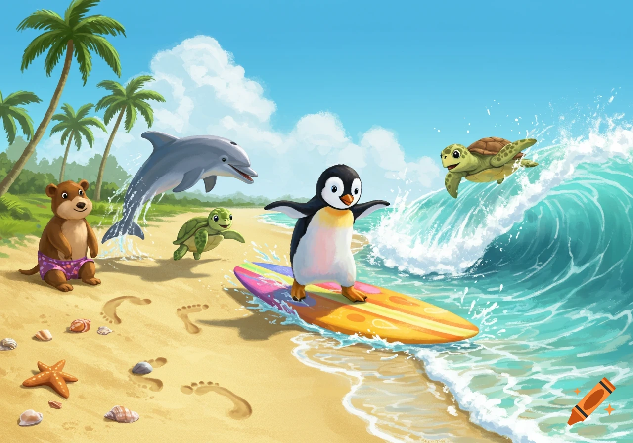 A cartoon penguin surfs on a rainbow surfboard at a sunny beach with a dolphin leaping, a sea otter in swim trunks, and two sea turtles.