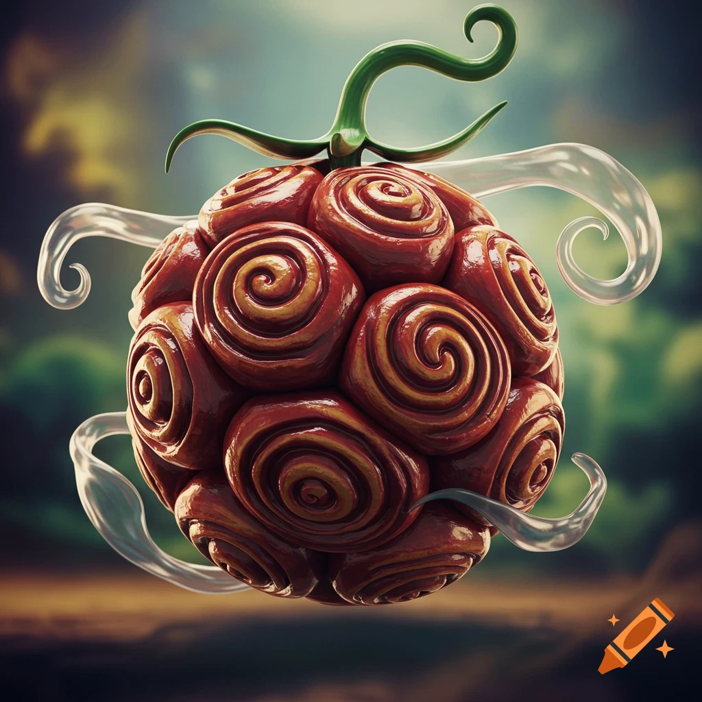 A highly detailed, vibrant red and gold fantasy fruit with swirling patterns, a green stem, and translucent wisps floating around it.