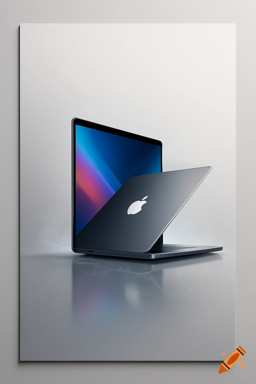 A dark gray Apple laptop with a glowing logo, slightly open, on a reflective surface against a light gray gradient background.