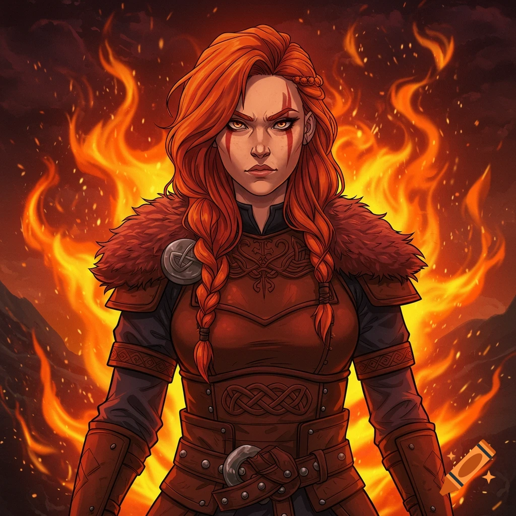 Intense red-haired female Viking warrior with war paint, wearing leather armor, stands before a roaring fire in animation style.