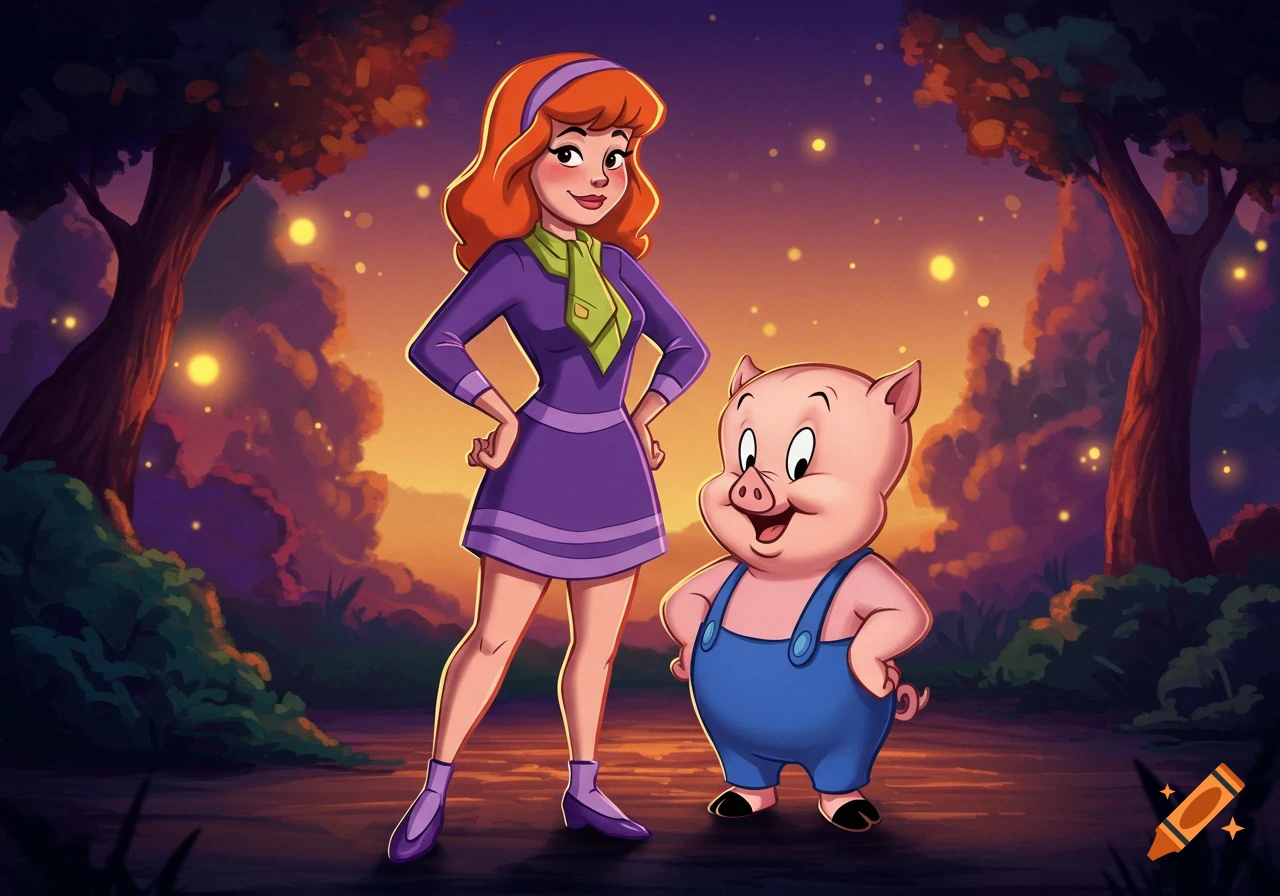 Daphne Blake from Scooby Doo stands alongside Porky Pig in a magical forest at dusk with glowing lights, in a cartoon style.
