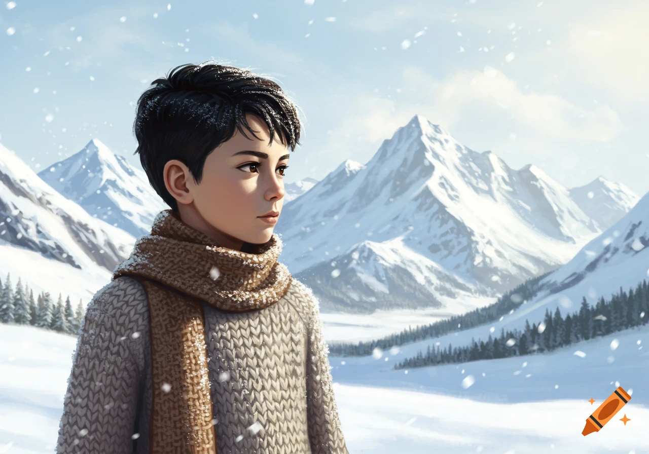 An illustrative portrait of a young boy with dark hair and a brown scarf, standing in a snowy mountain landscape.