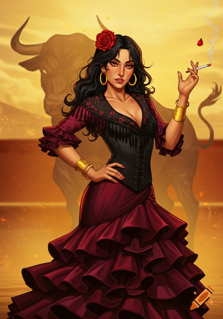Andalusian woman in red flamenco dress, black corset, rose in hair, holding cigarette, bull silhouette in background. Illustration.
