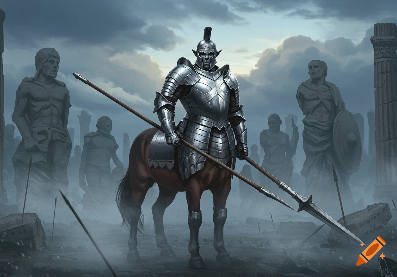 An armored centaur warrior with a spear stands sternly among ancient ruins and statues under a cloudy sky. Digital painting.