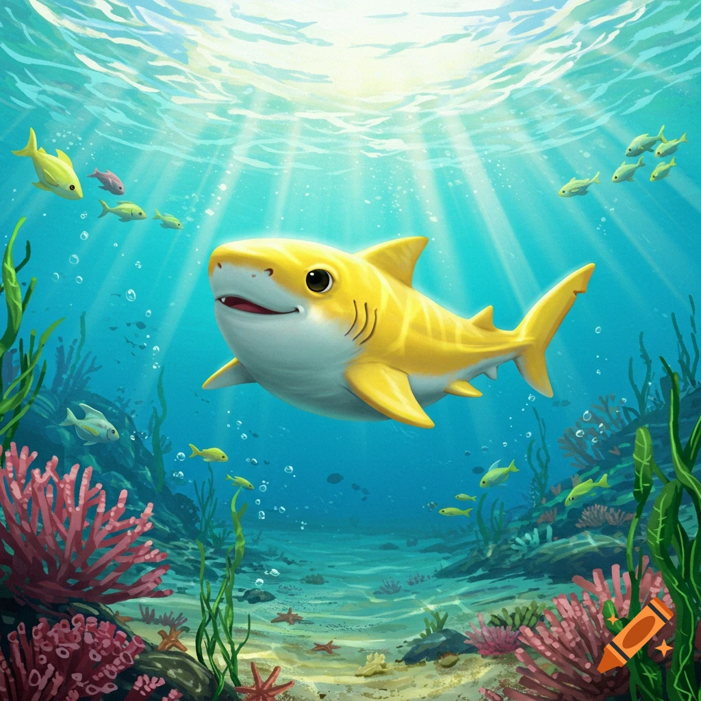A smiling, plump yellow baby shark swims happily in a bright cartoon underwater scene with coral and small fish.