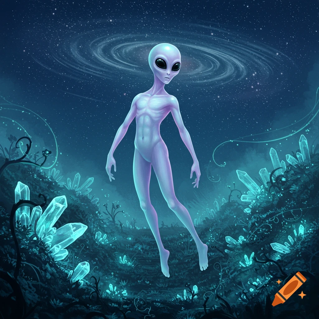 An illustrative grey alien floats over a dark blue alien landscape with glowing crystals, under a starry sky and spiral galaxy.