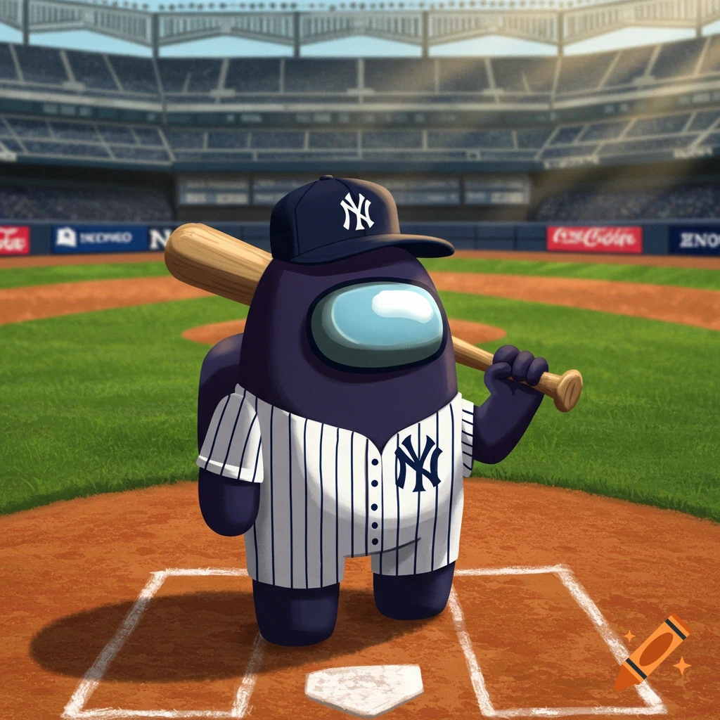 An illustrated purple Among Us character wearing a New York Yankees uniform and cap, holding a baseball bat, standing on a baseball field.