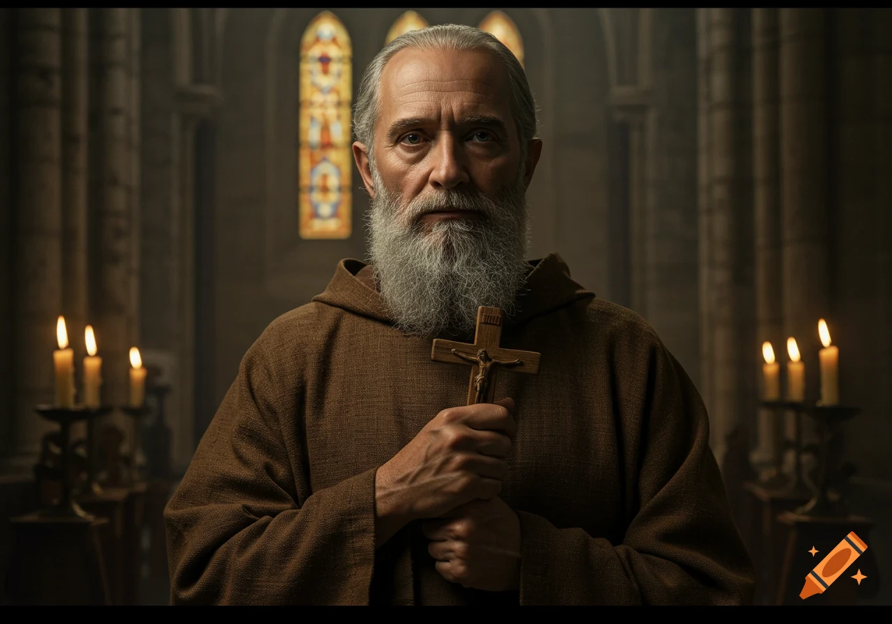 Photorealistic portrait of a bearded man in a brown robe holding a wooden crucifix in a dimly lit church.