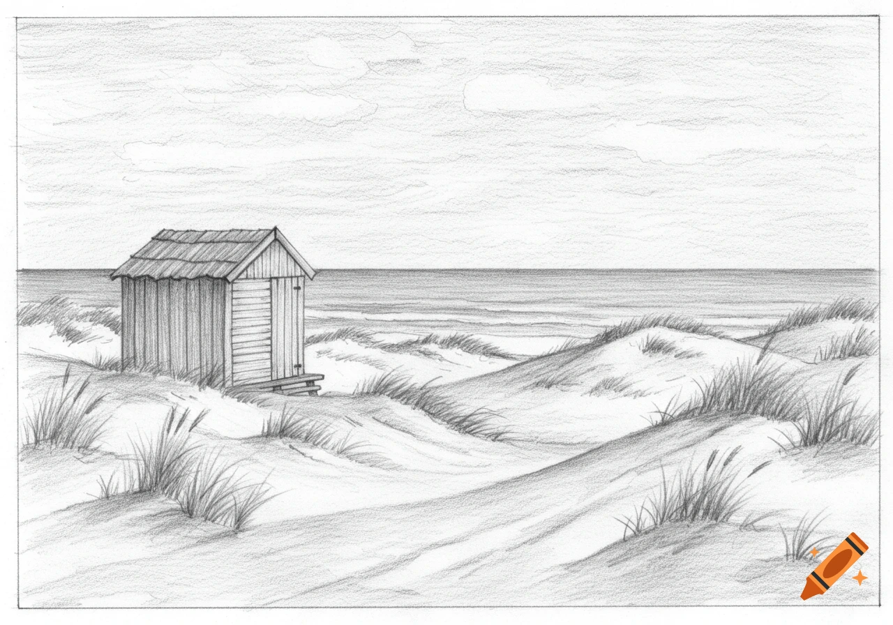A detailed black and white pencil drawing of a small wooden hut on sand dunes overlooking the ocean under a cloudy sky.