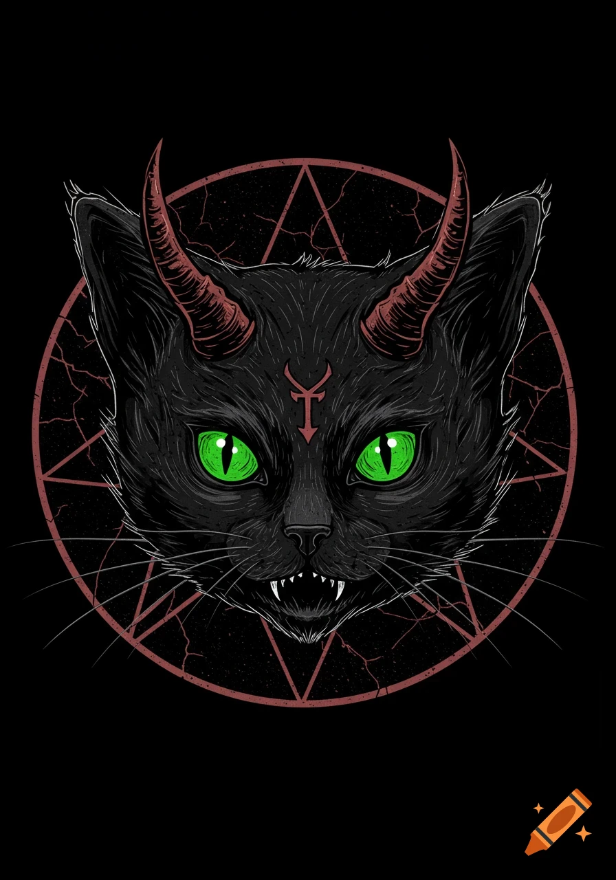 A grungy gothic illustration of a black cat's head with red devil horns, glowing green eyes, and fangs, within a cracked red pentagram. An inverted cross symbol is on its forehead.