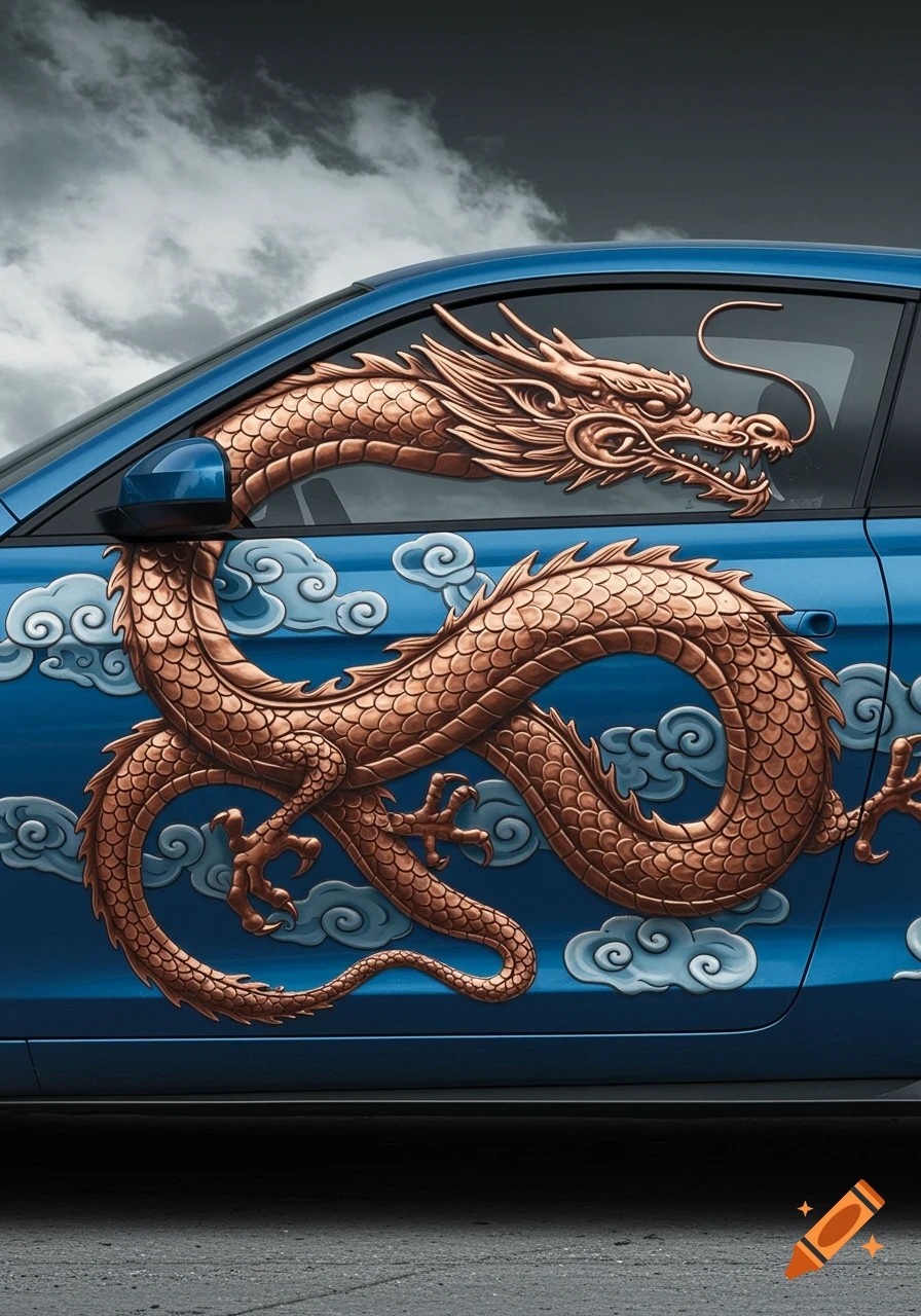 A blue car features a detailed, textured copper dragon mural on its side and window, set against a cloudy sky.