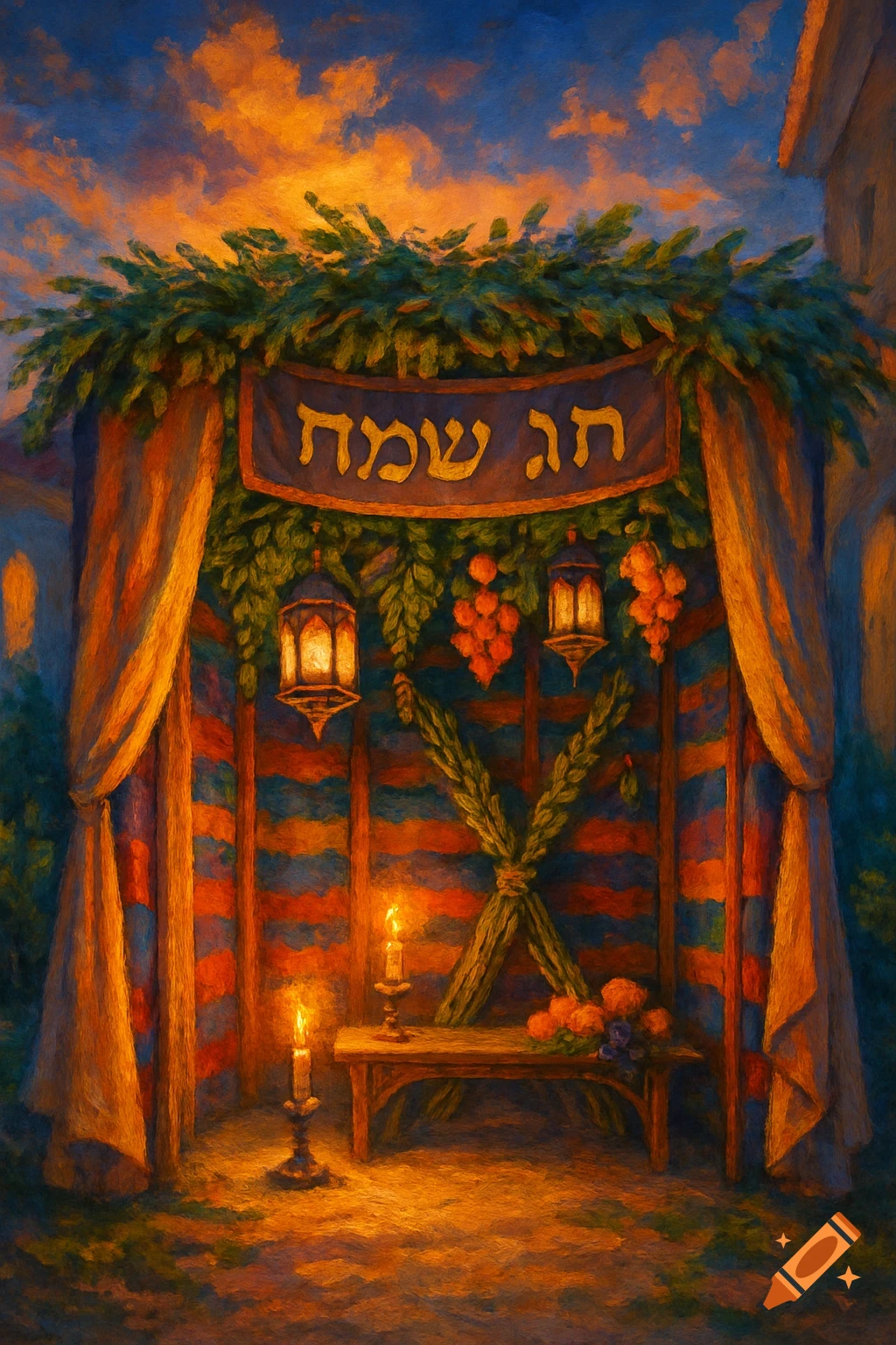 An oil painting of a Sukkah decorated with branches, lanterns, fruit, and candles under a sunset sky, with a banner reading 'Chag Sameach' in Hebrew.