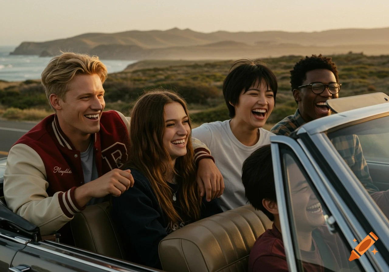 Four laughing young adults in a convertible car on a coastal road during sunset.