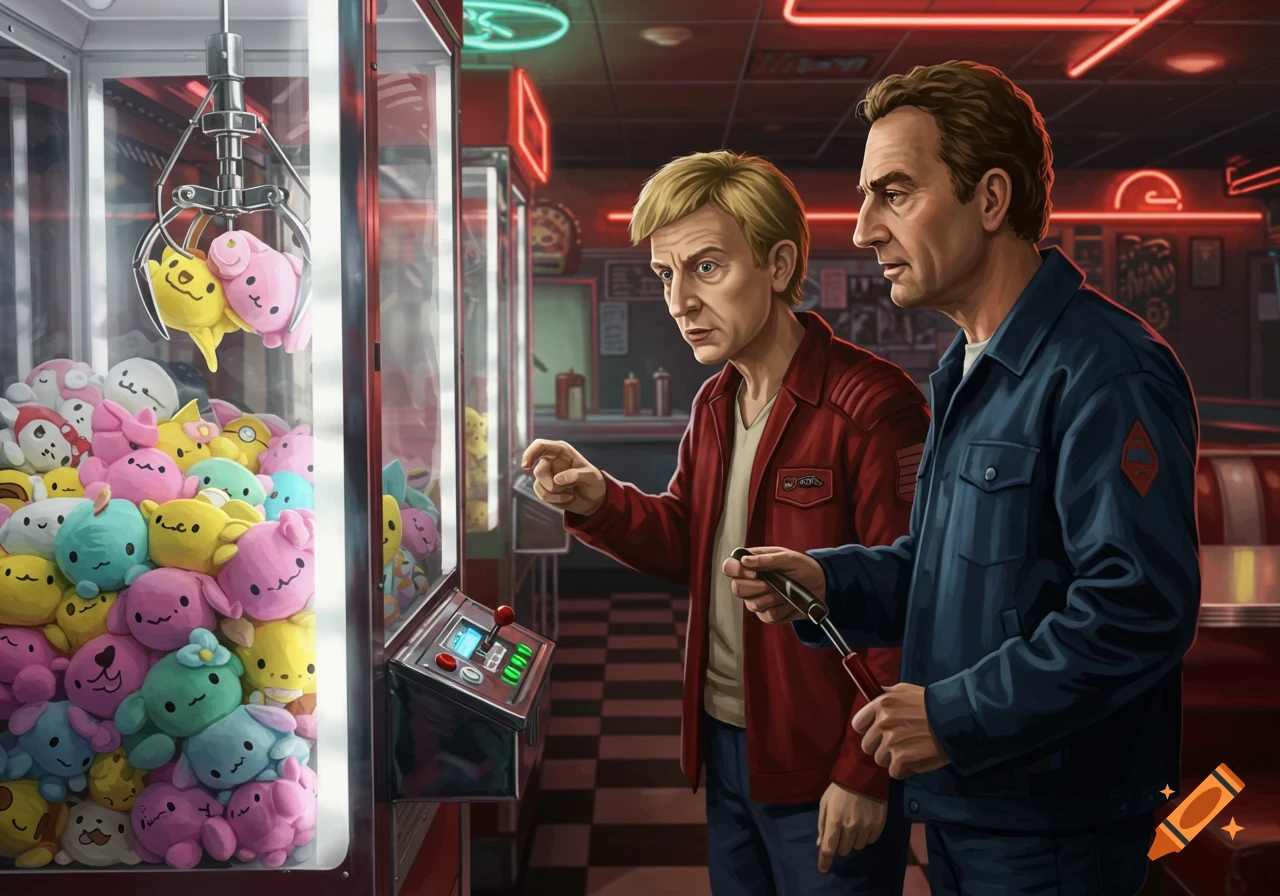 Two men, resembling Rimmer and Lister, play a brightly lit claw machine full of colorful plush toys in a 1950s-style diner.