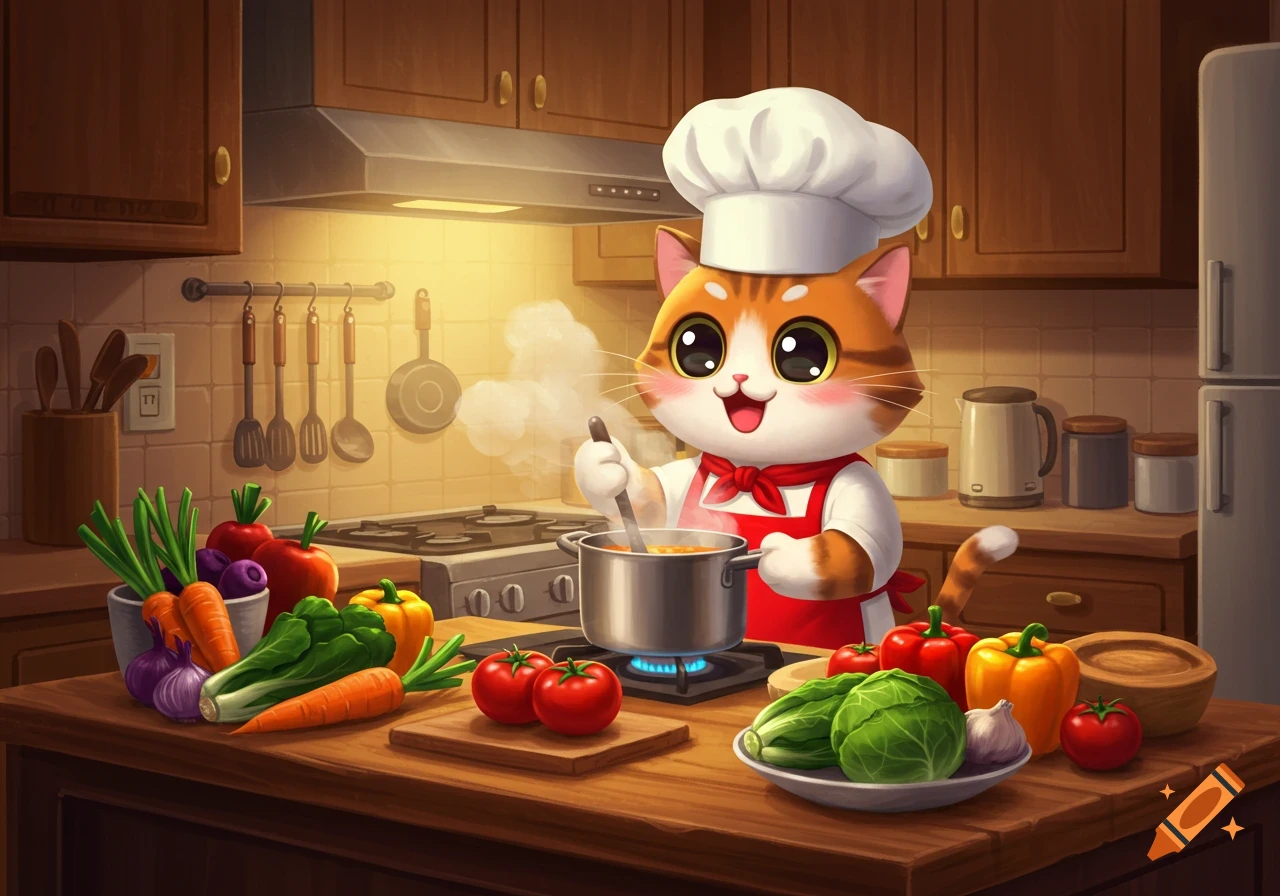 A cute cartoon cat chef stirs a pot on a stove in a cozy kitchen, surrounded by fresh vegetables. Digital painting.
