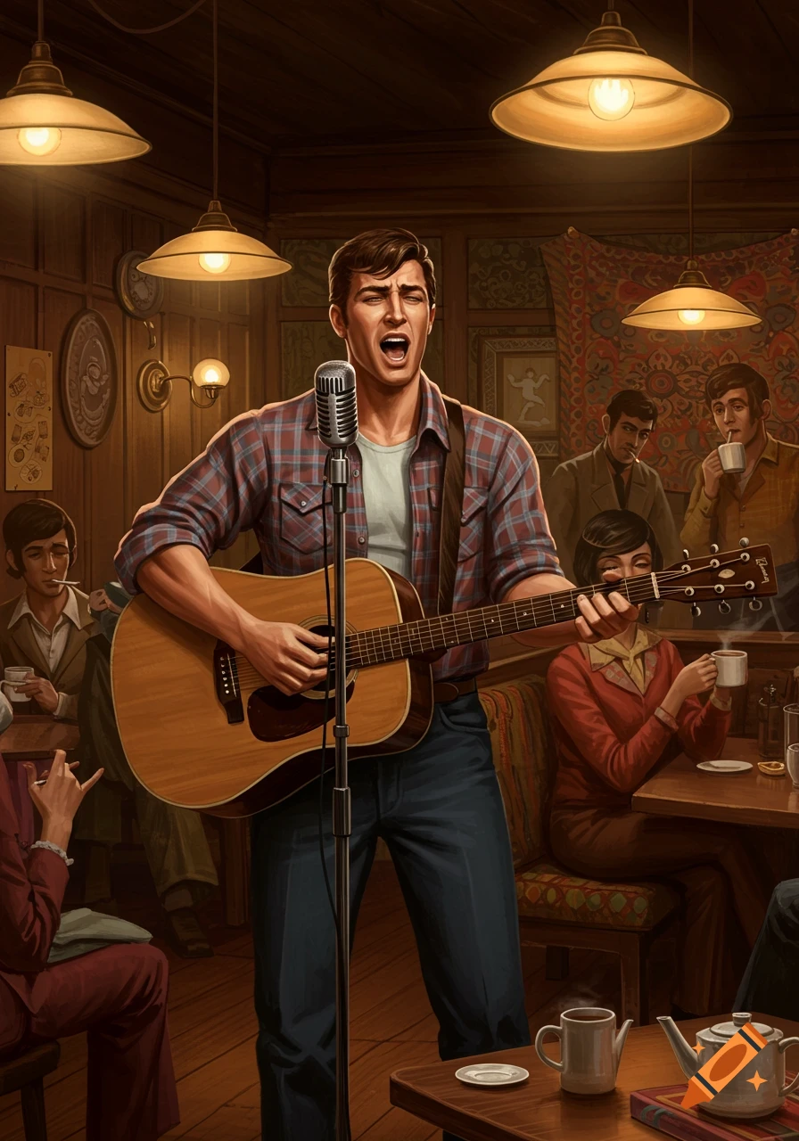 An illustration of a man singing and playing acoustic guitar into a microphone in a 1960s-style cafe.