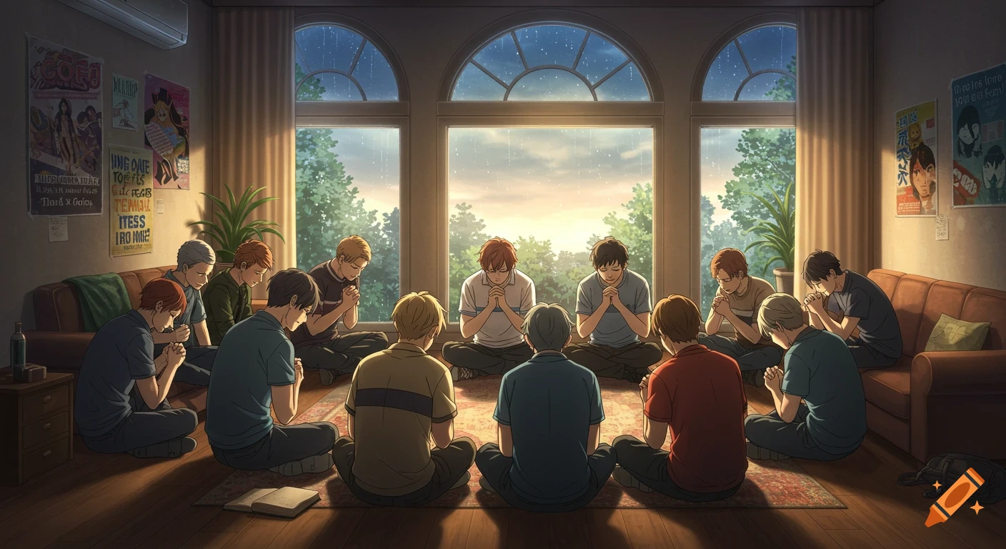 Anime style illustration of a group of young men sitting in a circle on a rug, heads bowed in prayer, near large arched windows.