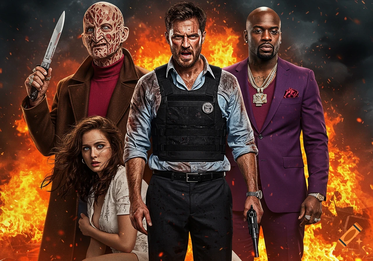 A stylized action movie poster featuring four characters against a fiery background, including a scarred man like Freddy Krueger.