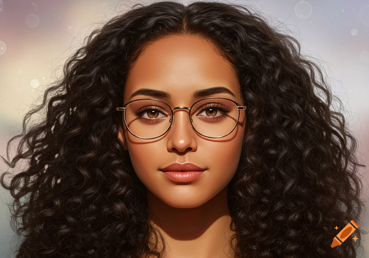 Photorealistic close-up portrait of a young woman with dark curly hair, brown eyes, and glasses.