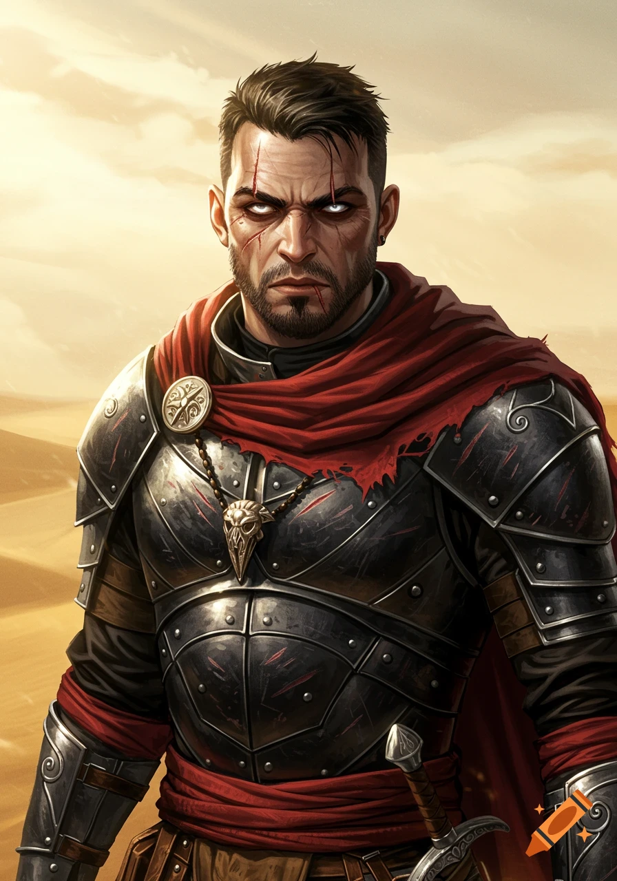 A realistic fantasy illustration of a battle-scarred warrior with a red mantle, black armor, and a piercing gaze in a desert.