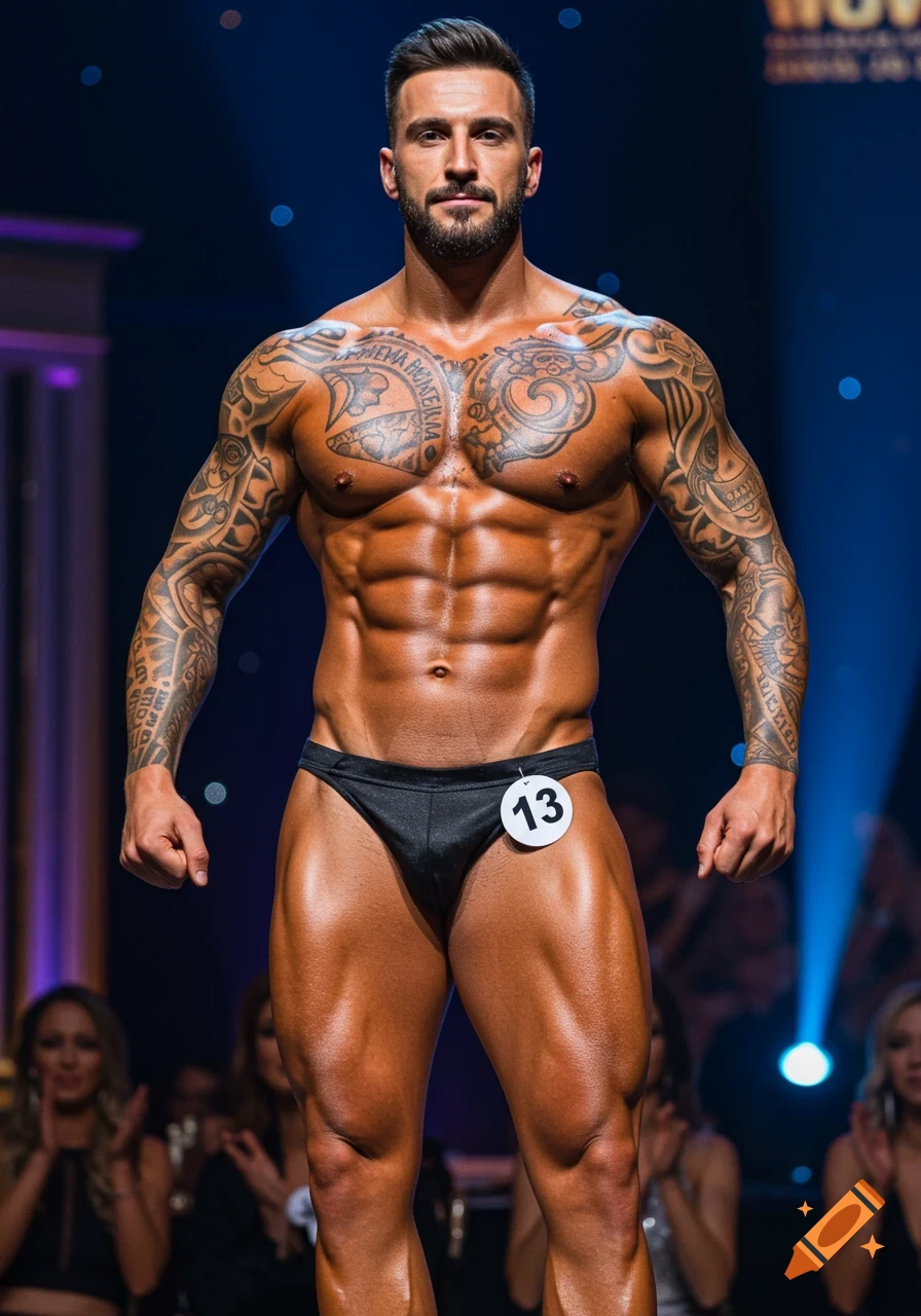 A muscular, tanned, tattooed male bodybuilder with a beard poses on stage in black posing trunks with a number 13 badge.
