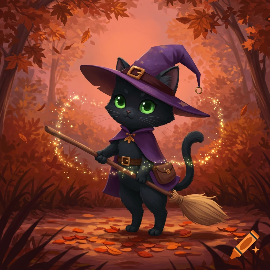 A cute cartoon black cat with green eyes wears a purple witch hat and cape, holding a broom in an autumn forest with magical glowing dust.