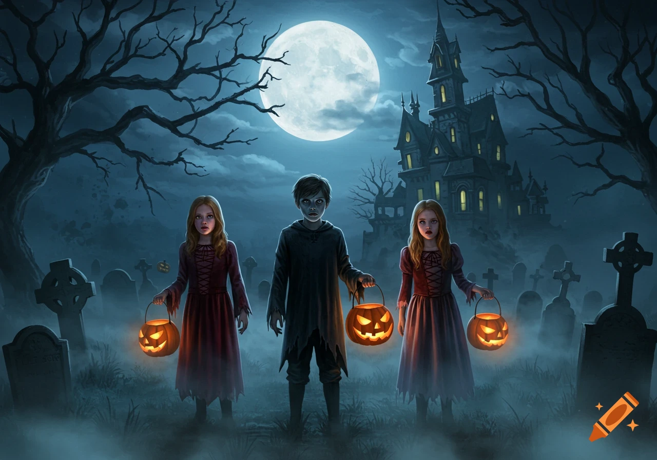 Two girls and a boy in Halloween costumes hold glowing jack-o'-lanterns in a foggy graveyard under a full moon, with a haunted house in the background.