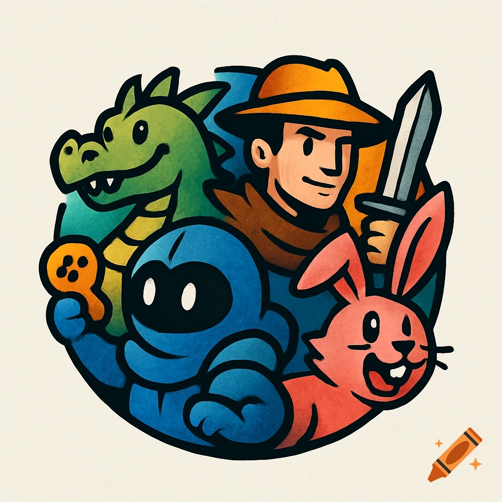 Cartoon logo featuring a green dragon, a man with a hat and sword, a blue robot, and a pink rabbit.