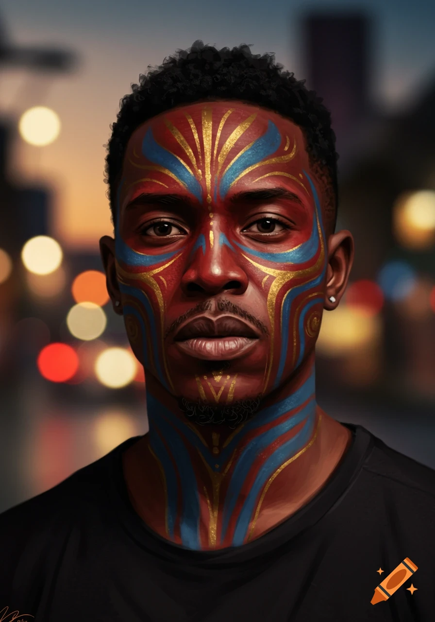 A photorealistic portrait of a man with intricate red, blue, and gold tribal-style face and neck paint, blurred city lights background.