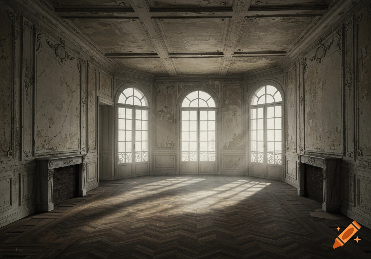 An empty, dilapidated Haussmannian living room with tall arched windows, two fireplaces, and sunlight on the parquet floor.