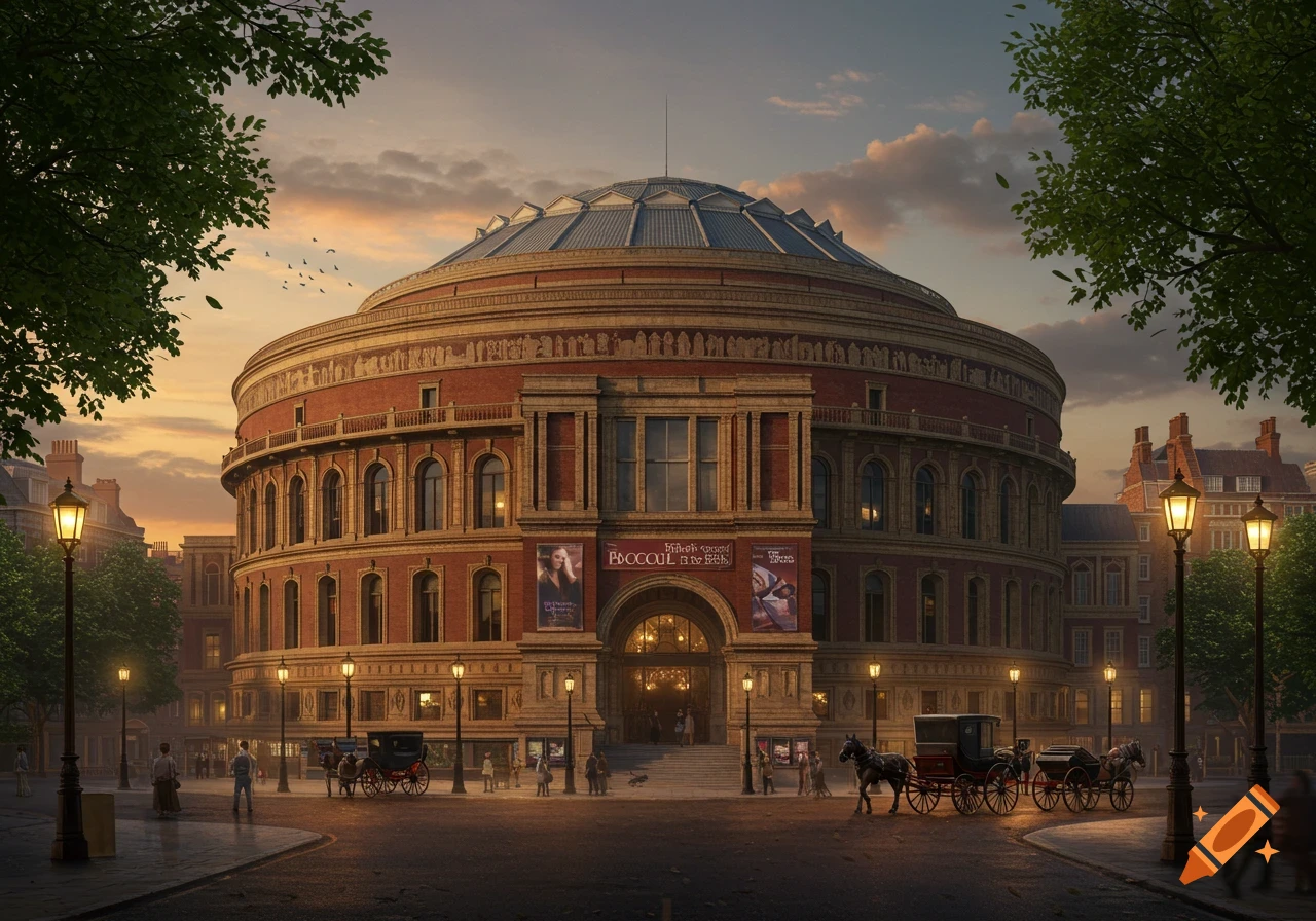 Photorealistic depiction of the Royal Albert Hall at dusk, with horse-drawn carriages and people on the street.