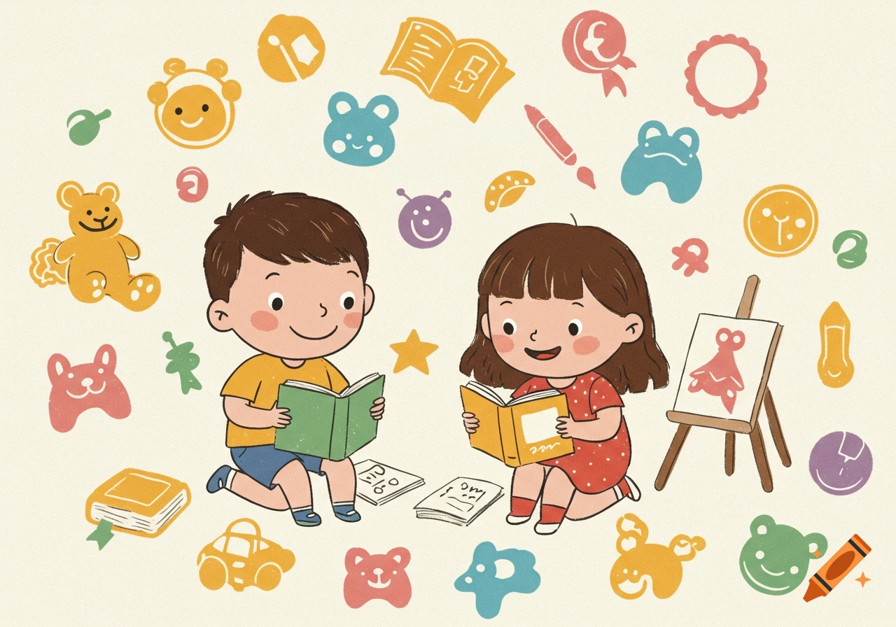 A cheerful cartoon of a boy and a girl reading books, surrounded by playful, colorful shapes, toys, and art supplies.