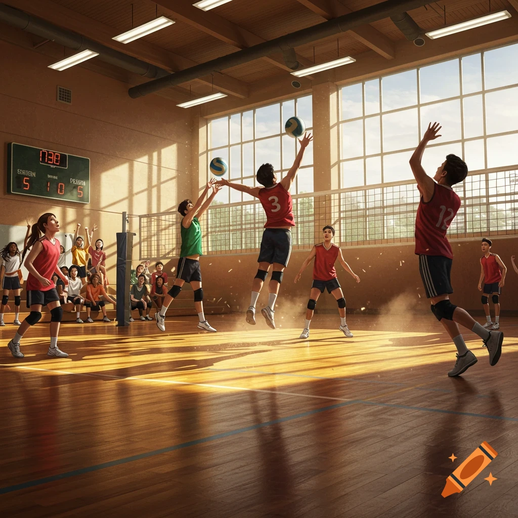 Students playing volleyball in a sunlit school gymnasium, one jumping to spike the ball.