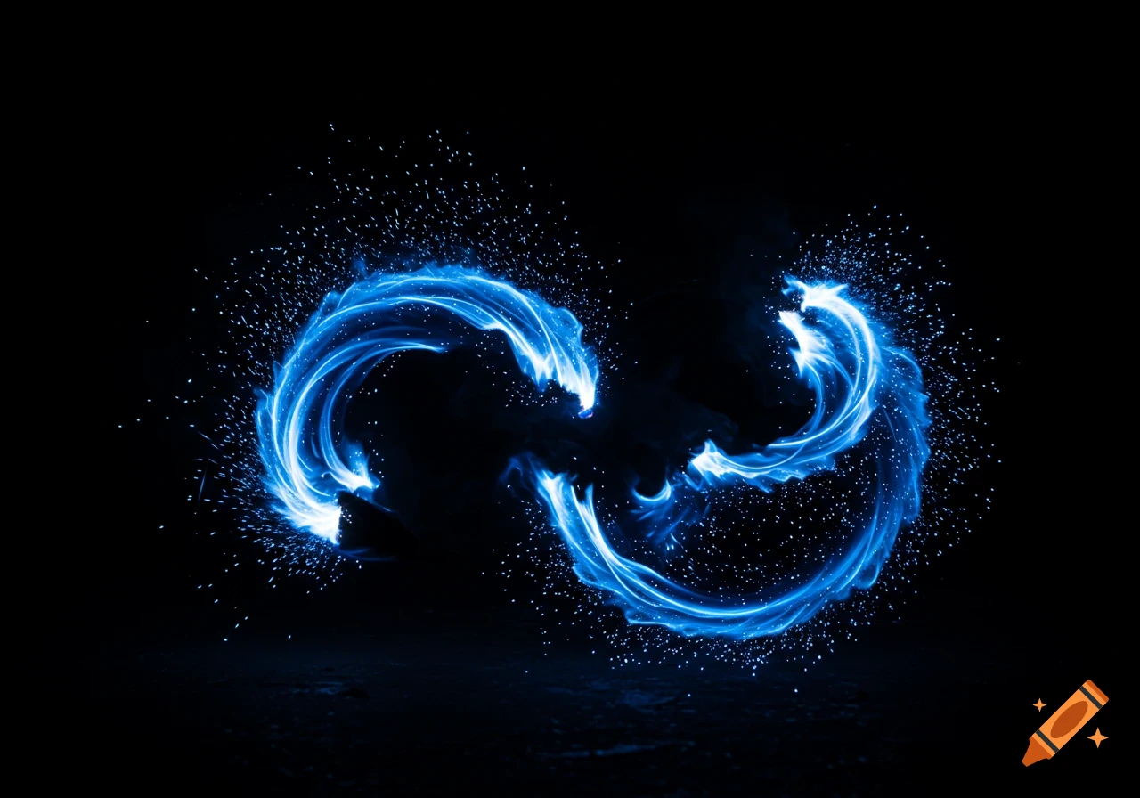 Abstract blue glowing light forms with sparkling particles on a black background.