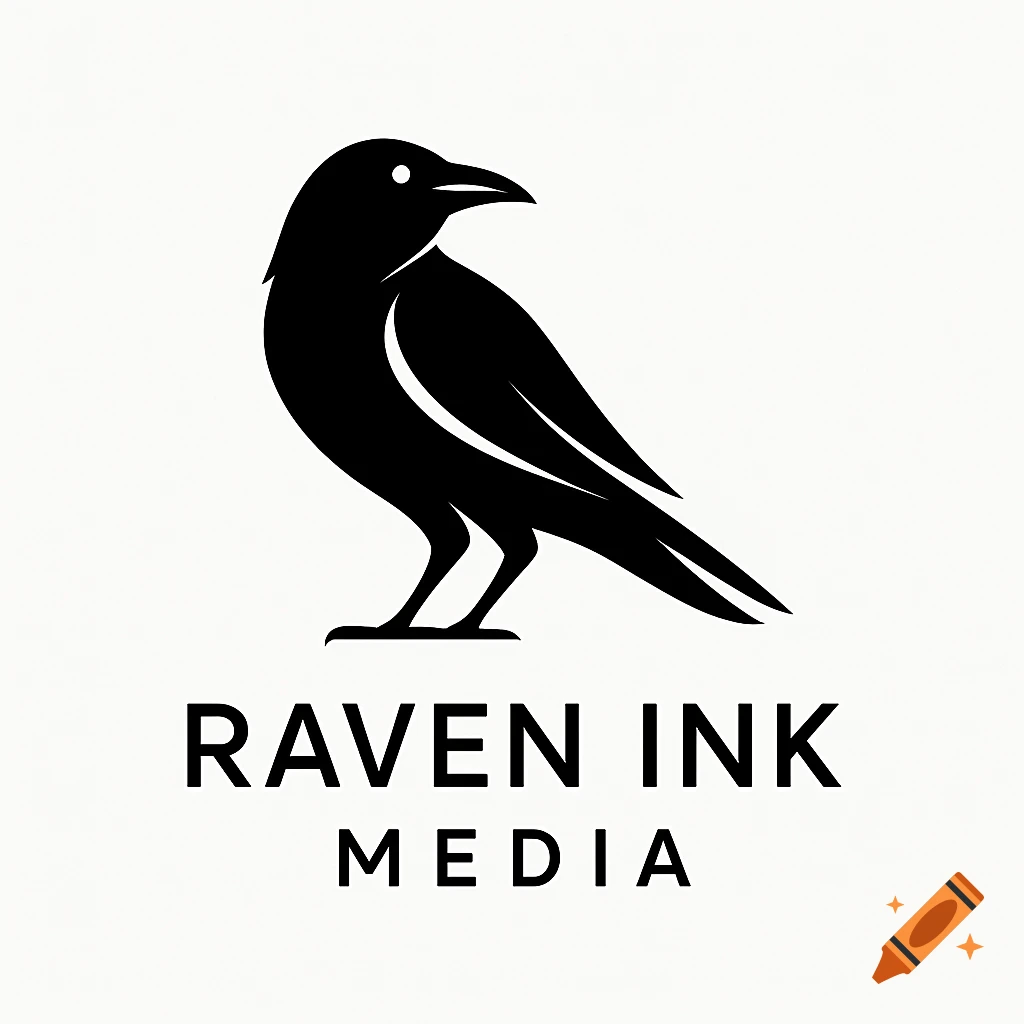 Minimalist logo featuring a black raven silhouette above the text "RAVEN INK MEDIA" on a white background.