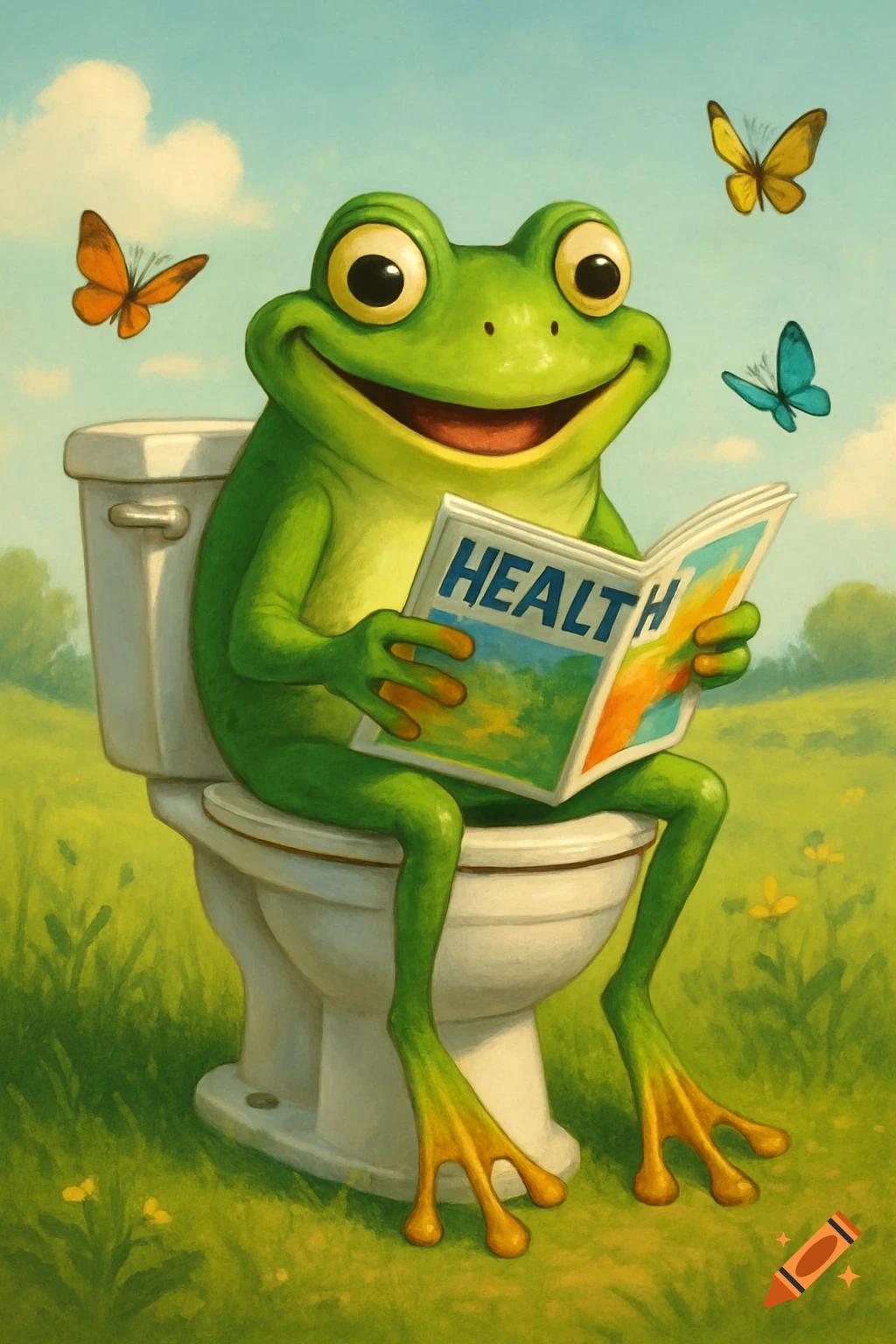 A smiling green cartoon frog with bulging eyes sits on a toilet in a grassy field, reading a 'HEALTH' magazine, with butterflies flying around.