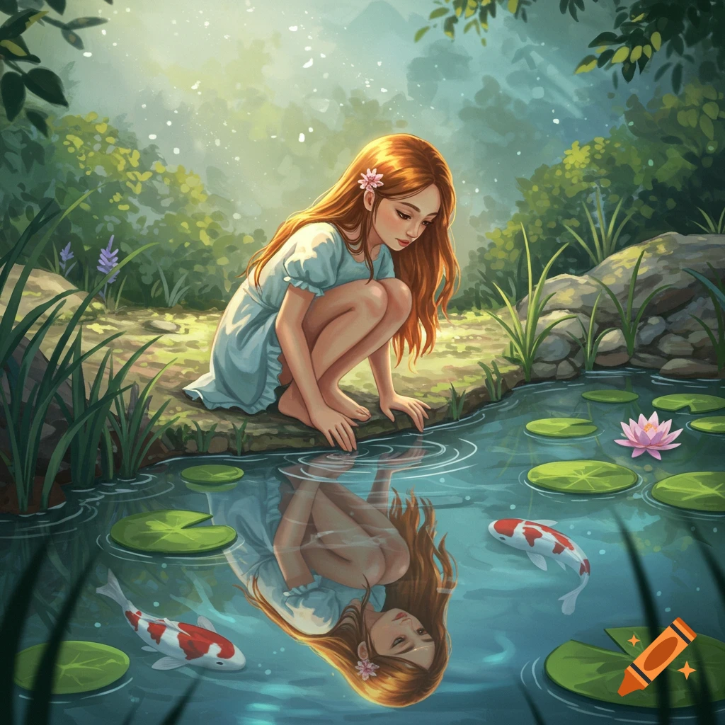 Illustrated fantasy art of a red-haired girl squatting by a pond, touching the water and gazing at her reflection with koi fish.