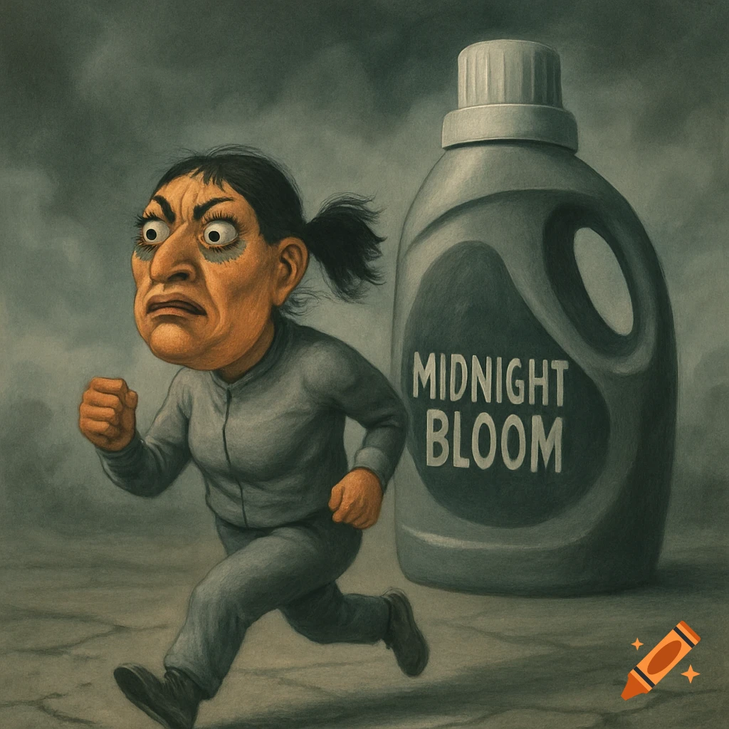 A stylized, caricatured woman in a grey tracksuit runs with an anxious expression from a giant bottle of Midnight Bloom cleaning product.