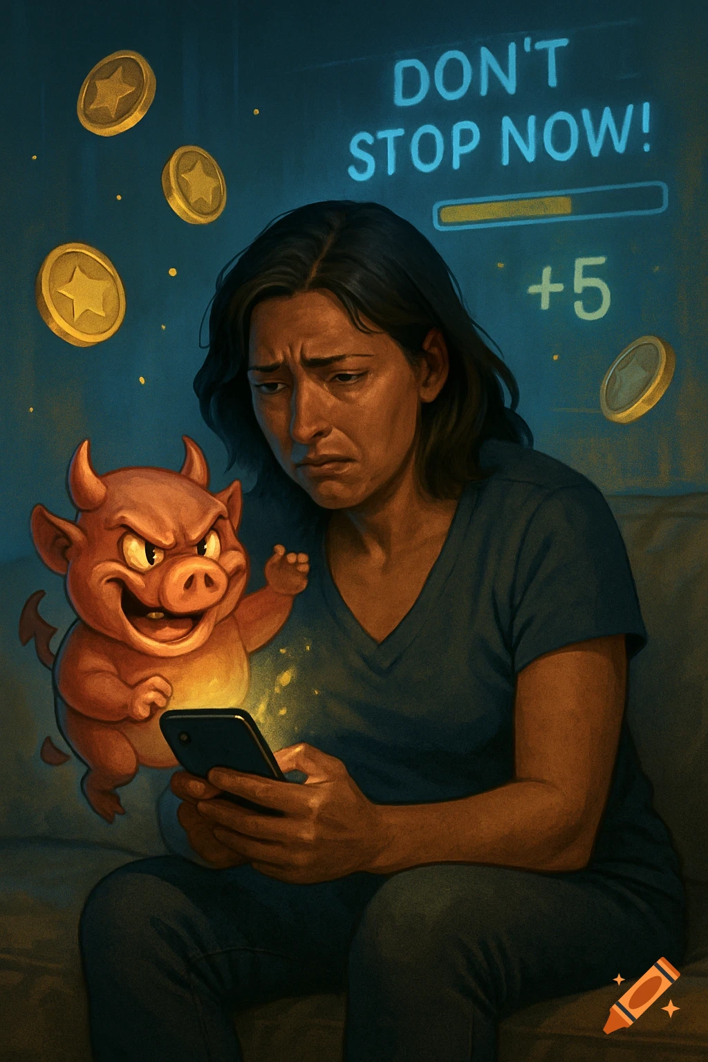 A frustrated woman on a couch stares at her phone, a devilish pig emerging from it, surrounded by gaming elements. Digital art.