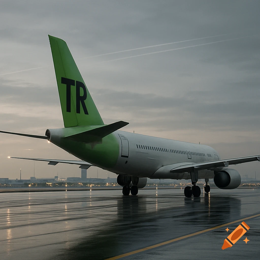 A white airplane with a green tail featuring 'TR' in black text, on a wet airport taxiway at dusk under a cloudy sky.