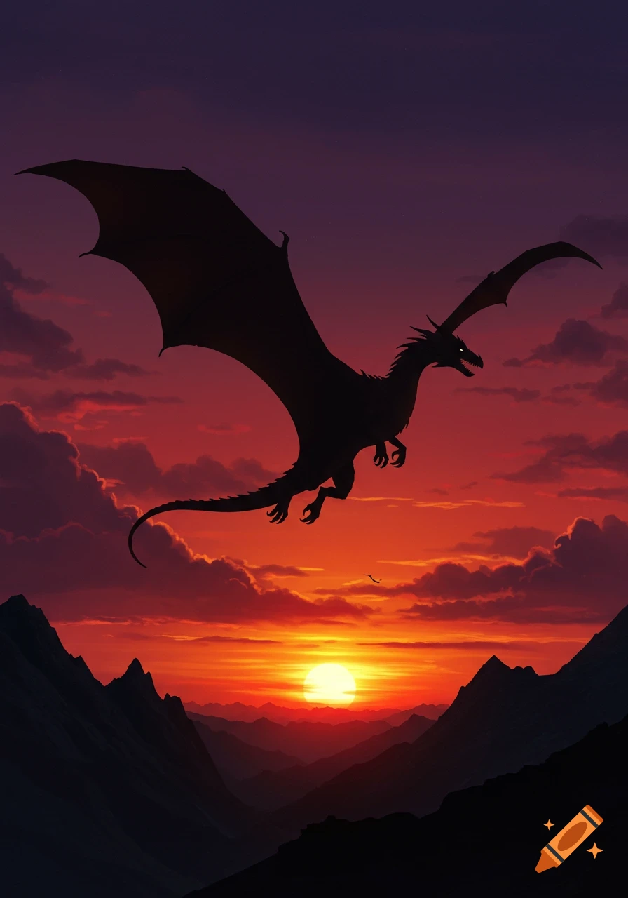 A black dragon silhouette with glowing eyes flies over mountains against a vibrant red and orange sunset.