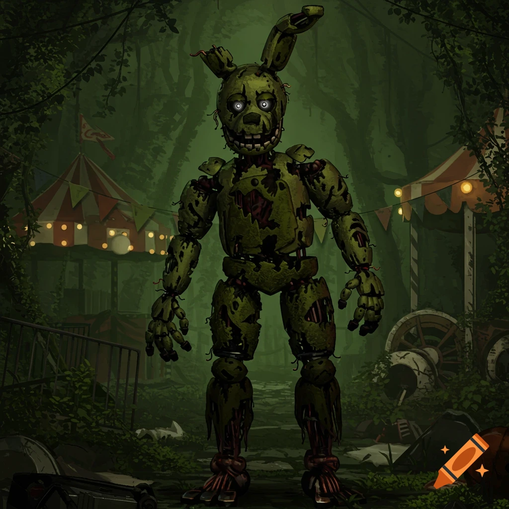 A damaged green animatronic rabbit with glowing eyes stands in a dark, overgrown forest with abandoned carnival tents.