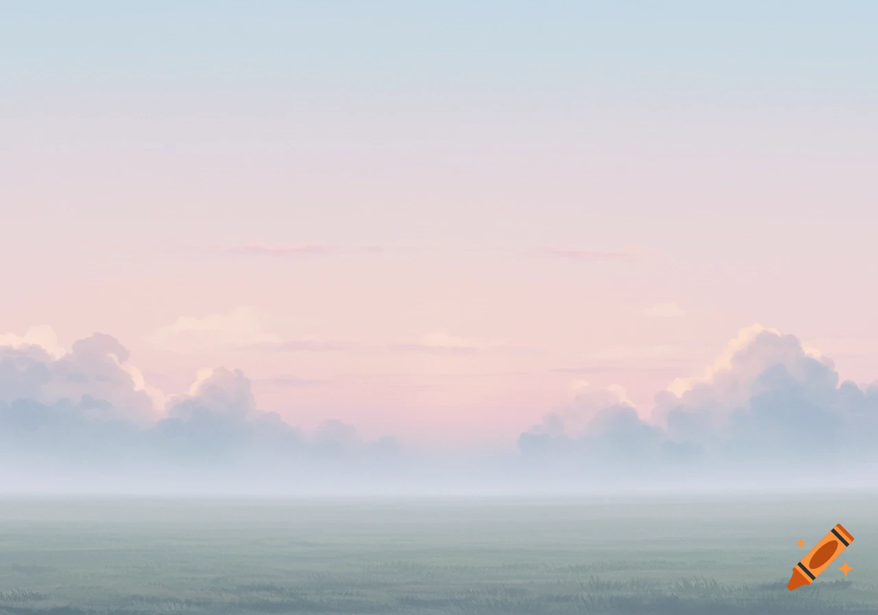 A soft, atmospheric landscape with a pastel pink and blue sky, fluffy clouds, and a misty green field.