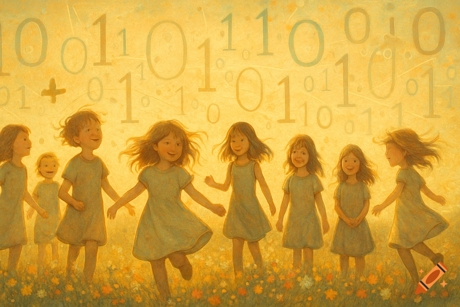 Illustration of happy girls playing in a flowery field under an orange sky with binary code numbers in the background.