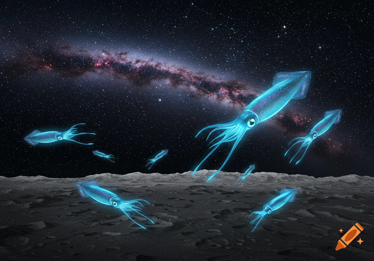 Glowing blue squids float above a cratered moon surface under a starry night sky with a prominent galaxy.