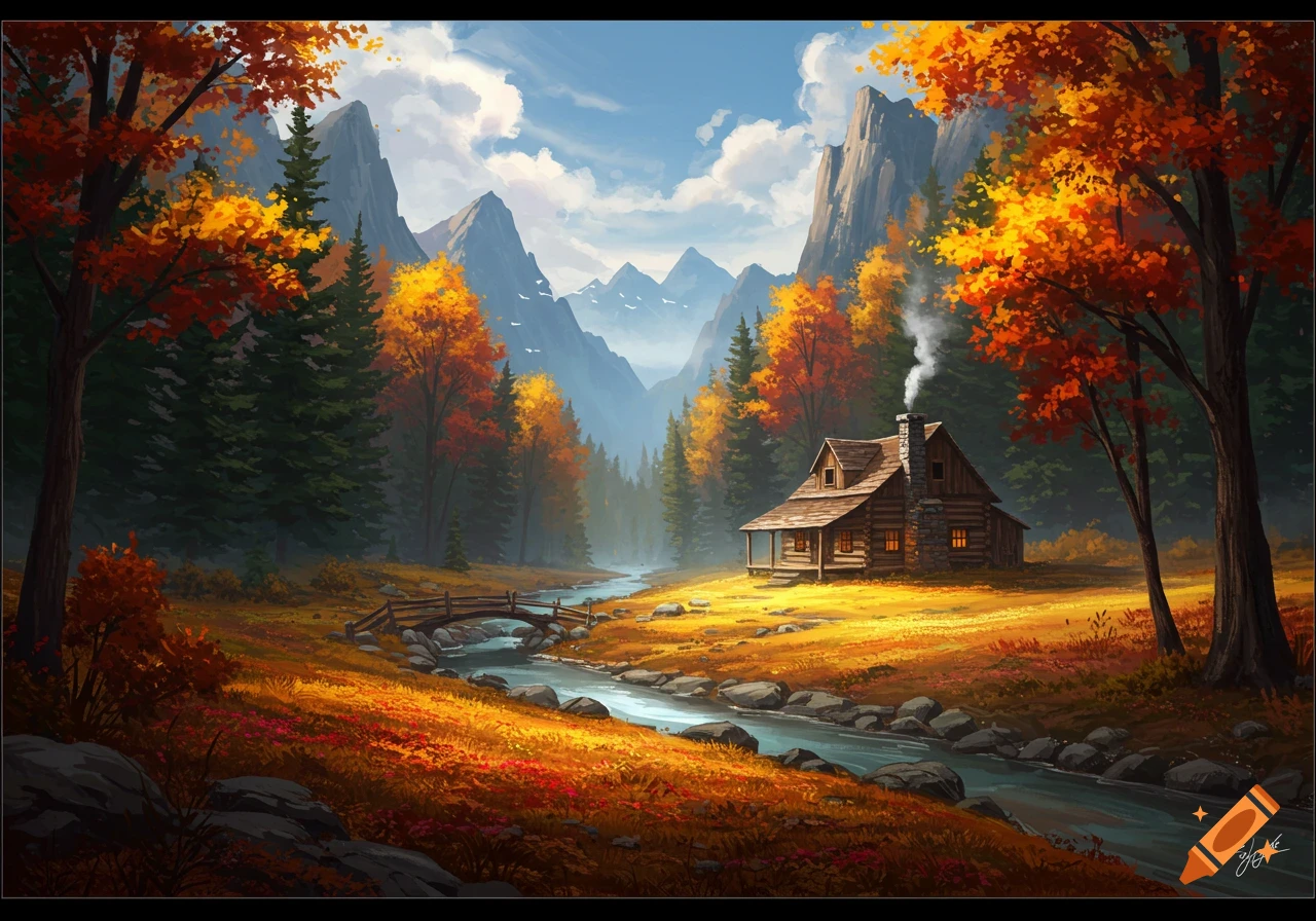 A cozy wooden cabin sits by a river with a small bridge in a vibrant autumn mountain forest.