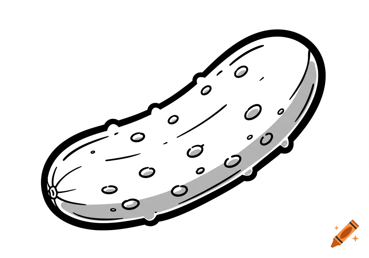 A black and white cartoon clipart illustration of a pickle with thick outlines and simple shading.