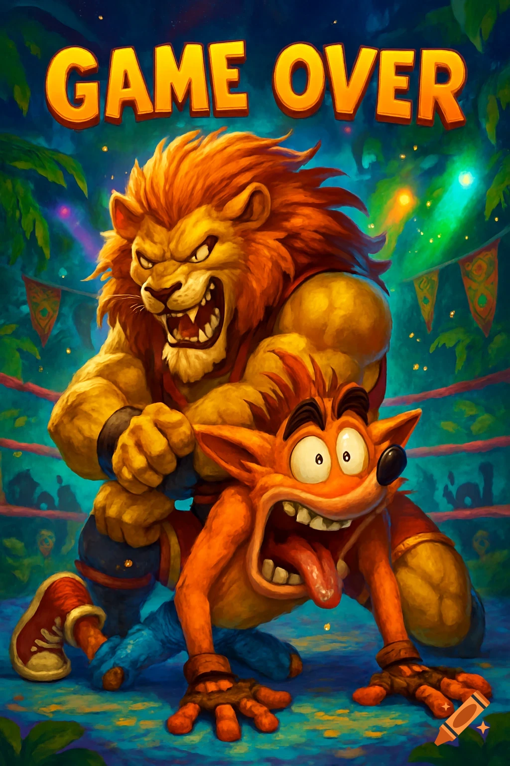 Cartoon illustration of a muscular lion wrestler pinning a panicked Crash Bandicoot in a ring, with 'GAME OVER' text above.