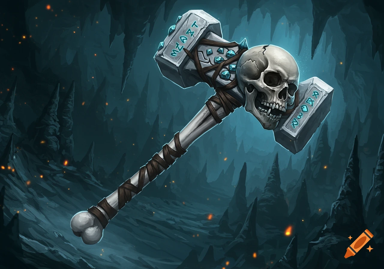 A fantasy warhammer with a skull for a head and a bone handle, decorated with glowing blue runes, set in a dark cave.